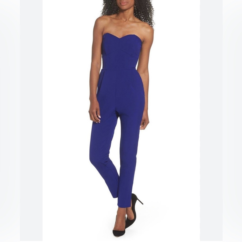 Royal Blue Adelyn Rae Strapless Slim Leg Jumpsuit, size Large